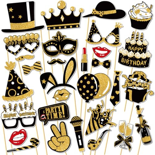 PLUSHCEWT 30 Pcs Black Gold Photo Booth Props Kit, Birthday Theme Funny Photo Props for Adults, Party Decorations with Moustache, Glasses, Lips for Wedding, Christmas, New Year Party Supplies