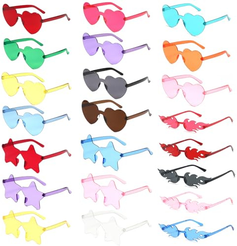 BBWELL Hippy Gafas de Sol,Gafas de Fiesta,22 pares de Gafas sin Bordes 3 modelos/estrella/corazón/llama para accesorios fotográficos de Halloween para fiestas de playa de cumpleaños de bodas