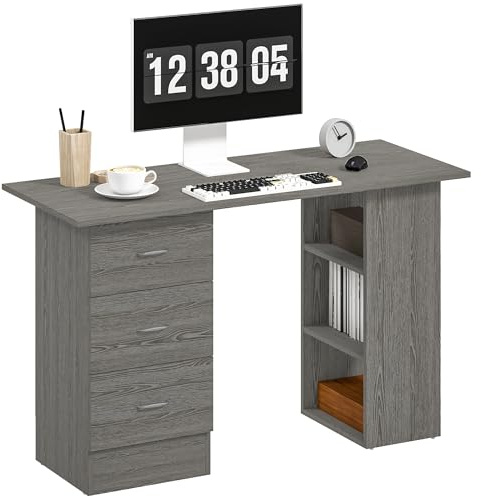 HOMCOM Scrivania con 3 Cassetti e 3 Ripiani, Scrivania Salvaspazio con Piano Ampia in Legno, Tavolo da Lavoro per Cameretta, Studio, Ufficio, 120x49x72 cm, Grigio