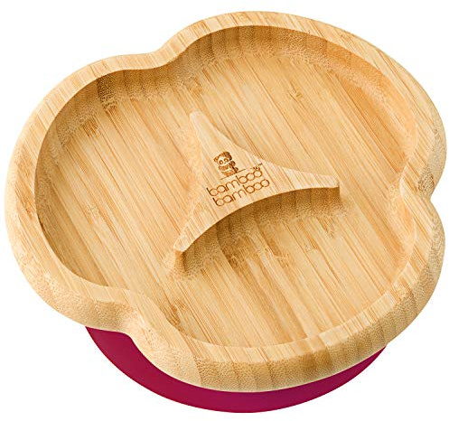 bamboo bamboo Baby and Toddler Plate for Feeding and Weaning, Bamboo Divider Taste Plate with Secure Suction, Suction Plates for Babies from 6 Months (Divider, Cherry)
