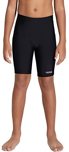 LEAO Youth Boys Swim Jammers Solid Swimsuit UPF 50+ Sun Pretection Quick Dry Athletic Swimming Shorts Black L