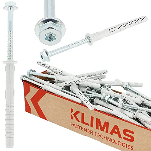 KLIMAS® 25 Stück FAST Rahmendübel Ø 10x140 mm mit Innensechsrund Tellerkopf TX Schraube Ø 7x145 mm Edelstahl Sechskantkopfschraube | Dübel Set zur Befestigung in Beton Ziegeln uvm | KPR-FAST-10140K