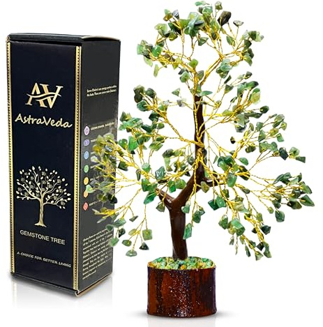 AstraVeda Green Jade Crystal Tree of Life, Natural Gemstone Feng Shui Decor | Handcrafted green jade gemstone tree with around 300 crystal chips, for living rooms, desks and meditation spaces
