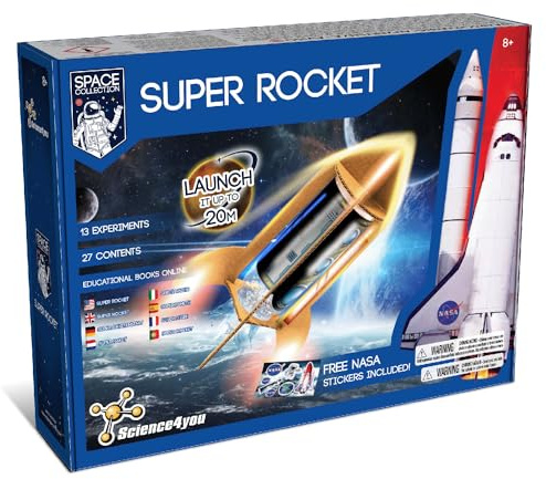 Science4you Super Lanzador de Cohetes NASA - Juego del Espacio con 13 Experimentos para Niños, Haz Tus Cohetes Cientificos y Lánzalos hasta 20 Metros de Altura, Regalo para Niños y Niñas 8+ Años