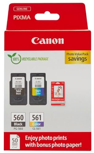Canon Tinte & Papier Multipack - PG-560/CL-561 Original Drucker Tintenpatronen 2er-Pack (1 x Schwarz, 1 x Farbe druckerpatronen) & 4x6 Fotopapier (50 x Blatt)