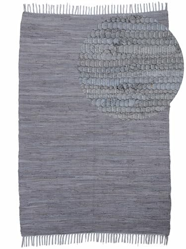 carpetfine Flickenteppich Kelim Chindi Uni Hellgrau 120x170 cm, handgewebt | Fleckerlteppich aus Baumwolle für Wohnzimmermit Fransen