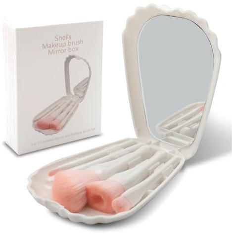 KASESSS 5 Piezas Set Brochas de Maquillaje, Portátil Pinceles Maquillaje, Premium Set Brochas Maquillaje, Makeup Brushes con Estuche en Forma de Concha, Pincel Maquillaje para Rubor, Suelto y Sombra