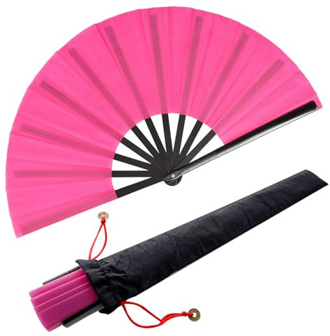 2 Pezzi Grande Seta Mano Scomparti Cinese Tai Chi Ventaglio Nylon Panno Kung Fu Fan Supporto Manica per Performance Danza Decorazioni Festival (Rosa)