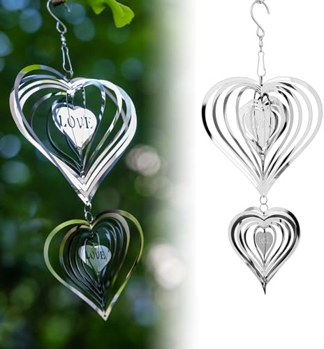 Vindsnurra i rostfritt stål, 3D silver inomhus utomhus trädgård dekoration hantverk ornament, metall vindspel för utomhusdekor, dekorationer för att skrämma bort trädgårdsfåglar (1 stort och 1 litet