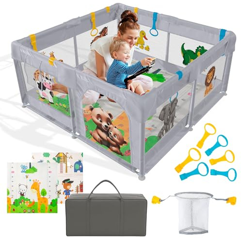 PARVULI Parque Infantil Bebe 120x120cm con Alfombra Acolchada + 6 Agarraderas + Canasta + Bolsa — Corralito Bebe para Casa, Malla Transpirable, Vallas con Protecciones — Baby Playpen