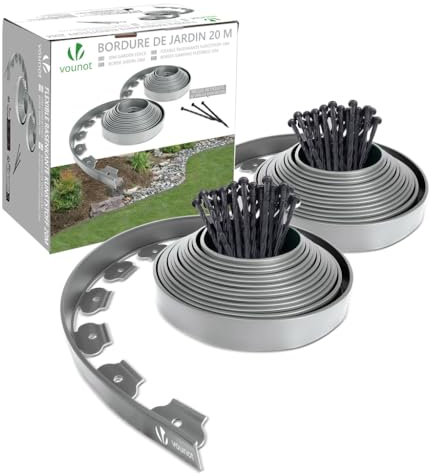 VOUNOT Plastic Lawn Edging Border with 60 Ground Anchors, 20m Flexible Garden Edging Strip for Grass, Paths, Gravel or Flower Beds, Weatherproof Landscape Border, 5cm High, Light Grey