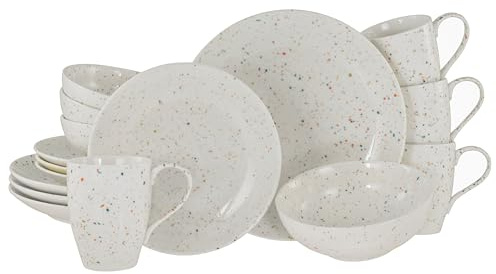 CreaTable, 24263 Serie Confetti Bianco - Set di stoviglie da 16 pezzi per 4 persone, servizio combinato in gres porcellanato, lavabile in lavastoviglie e microonde, produzione di qualità
