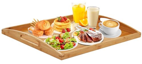 Extra Large Wooden Trays for Food Serving, Rectangular Bamboo Serving Tray with Handles for Eating Breakfast Dinner, Wooden Tray for Serving Tea Coffee Snack (50 x 40 CM)