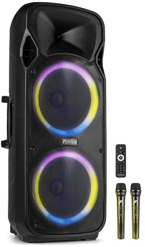Fenton FT212LED MK2 - Altavoz Activo portátil de 1400W, 2 x 12”, Bluetooth, batería, USB, SD, 2 micrófonos inalámbricos, Luces LED, Entrada Auxiliar, Entrada de Guitarra, Salida RCA, Trolley portátil