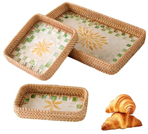 Bandeja Ratán Juego de 3, Bandeja Decorativa Vintage con Concha Mosaico, Bandeja Servir para Café, Desayuno, Té, Bebidas, Velas y Joyería, Cesta de Ratán Cocina, Baño y Cafetería