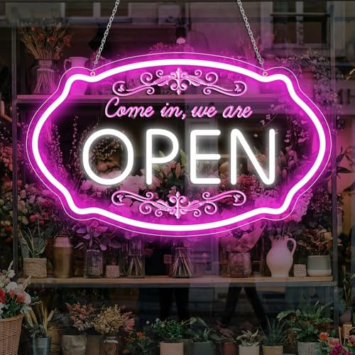 LED Open Signs for Business, 16.5x10'' Dimmable Come in We’re Open Sign, Ultra Bright Light Up Signs Powered by 5V USB, Pink&White Neon Lights Sign for Party, Bar, Stores, Wall, Clubs, Coffee, Hotels