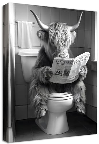 Wooden Framed Canvas Wall Art Funny Bathroom Highland Cow Wall Art Painting on Canvas Prints Poster Cattle Reading Newspaper on the Toilet Pictures for Living Room Hallway Corridor Decor 40x60cm