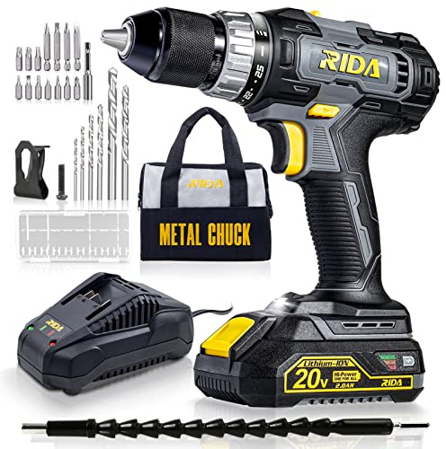 RIDA Cordless Drill Power Drill Cordless 20V 1/2'' Keyless Metal Chuck 355 In-lb(40N.m) Torque with 2.0AH Li-ion Battery & Fast Charger, Variable Speed, 25+1 Position and 22pcs Bits