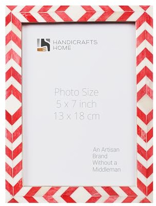 Handicrafts Home Chevron Mosaic Picture Frame 5x7 - Handmade Bone Inlay 5 by 7 Photoframe for Home, Tabletop/Wall Decor, Christmas,Gift, Holiday, Boho Chic Coastal Farmhouse, Desk & Shelf - Red-White