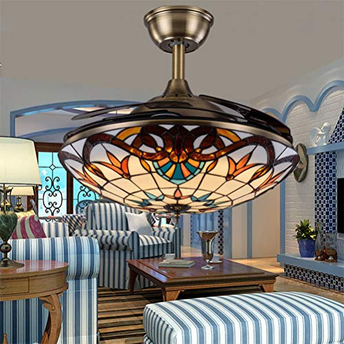 Tiffany Retro Stil Deckenventilator mit Beleuchtung Barock-Deckenleuchte Fernbedienung Ventilator Deckenlampe Leise Fan lampe Pendellampe für Schlafzimmer Esszimmer Wohnzimmer Versteckt Lüfterlampe