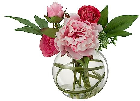 J-Line fleur Renoncule Pivoine En Vase - plastique/verre - rose