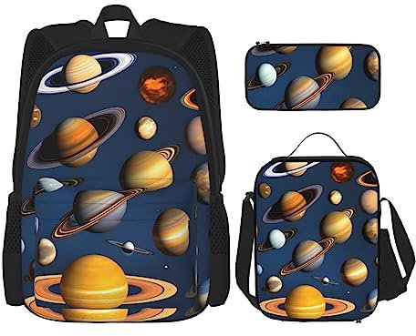 Sonnensystem Planeten Rucksack 3-teilig Schulranzen mit Brotdose und Federmäppchen Set :>> Geeignet für Jungen und Mädchen, Schwarz , Einheitsgröße, Kinderrucksack