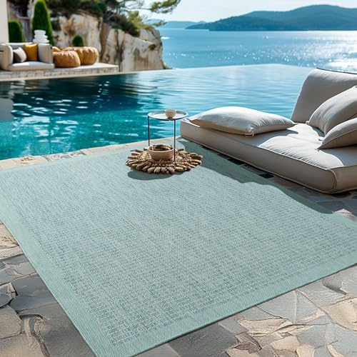 HomebyHome Outdoor-Teppich Flachgewebe Wetterfest Einfarbig Blau Küchenteppich, Balkon Terrassen Garten Wohnzimmer Teppich 120 x 170 cm