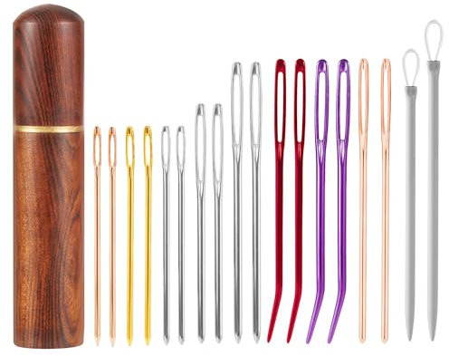 19pz Kit Aghi da Cucito con Cruna Grande, Aghi da Ricamo Colorati Acciaio Aghi per Tappezzeria Piegati Ago per Maglieria a Mano con Custodia in Legno per Quilting Uncinetto Perline Progetti