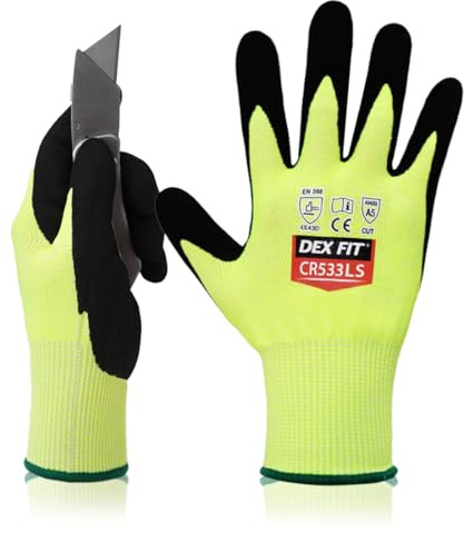 DEX FIT Guantes de Trabajo Anticorte Nivel 5 CR533LS - Suaves Sin Fibra de Vidrio, Agarre Extrafirme, Ligeros, Pantalla Táctil, Duraderos, Transpirables; Verde Neon XL (11) 1 Par