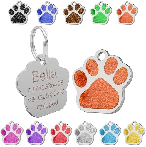 Medaglietta incisa personalizzata per cane | Gatto | Medaglietta identificativa per animali domestici | Acciaio inossidabile con paillette a forma di impronte di zampe 27 mm (arancione)