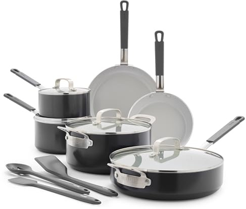 GreenPan x Bobby Flay 13 Piece Nonstick Cookware Pots and Pans Set, PFAS-Free Diamond Ceramic, Induction Suitable, Easy Clean Dishwasher & Oven Safe, Stay-Cool Silicone Handles, Glass Lids, Graphite