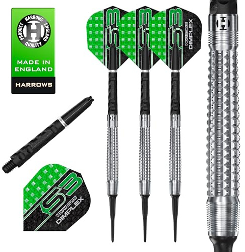 Harrows Dimplex - Juego de dardos cónicos de punta suave, 90% tungsteno, 18 g y 20 g, juego de 10 piezas con ejes negros Dimplex Midi y plumas Dimplex (forma cónica, 18 g)