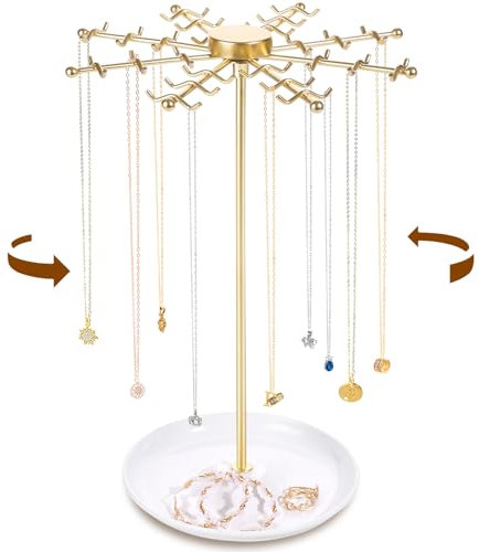 MOFASVIGI Jewelry Organiser Display Stand 360 Degree Rotating Gold Necklace Earring Keychains Bracelet Holder with 48 Hooks Metal Necklace Tree Stand Aesthetic Jewelry Display Towers