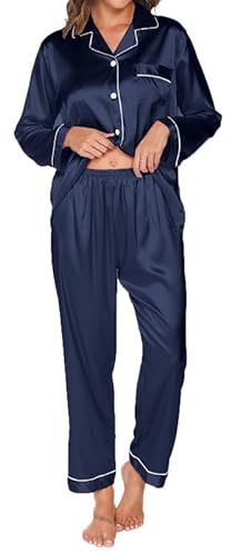 TeJoyce Dam satinpyjamas lång, tvådelad pyjamas kvinnor, set långärmad med knappar och matchande sovbyxor, lyx och elegant sidenpyjamas för natten S–XXL, Mörkblå, XL