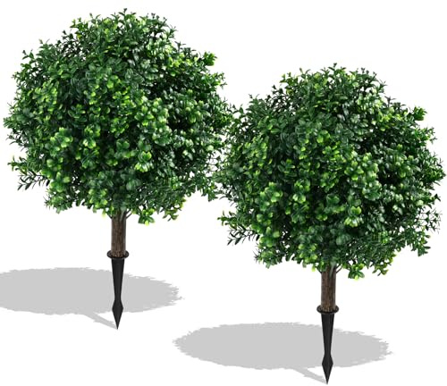 Hadoife 24 High, 14 Diameter Artificial Boxwood Topiary Ball - Set of 2 with Stakes UV-Resistant & No Maintenance Faux Shrubs Trees for Outdoor Decor, 2ft Fake Plants That Look Real​​