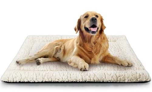 Aspand Colchoneta para Perros Corto de Peluche, para Perros de Talla Grande, colchón de Perro, 94 x 61 cm, Alfombra para Perro, fácil de Limpiar, Caqui