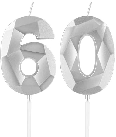 mciskin Silver 60th Birthday Candles, 60th Birthday Decorations for Women Men,3D Number 60 Candles for Cake,Silver Candle Cake Topper Decorations for Birthday Party Weddings Anniversary Supplies