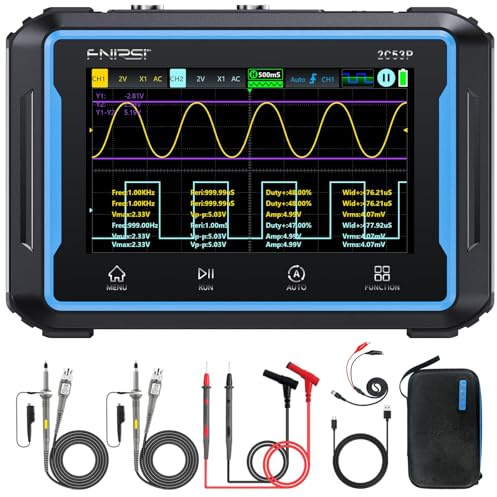 FNIRSI 2C53P Osciloscopio Portátil para Tableta, Multímetro, Generador de Señal DDS 3 en 1, Osciloscopio Automotriz de 2CH*50MHz, 19999 Recuentos, Muestreo de 250 MS/s, Pantalla Táctil de 4,3 Pulgadas