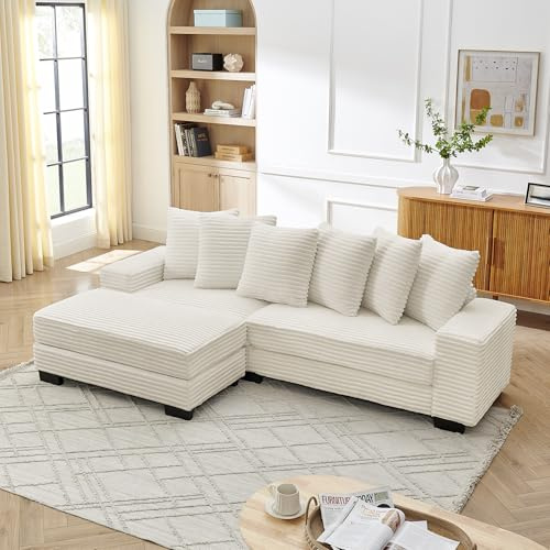 HAINEW Hörnsoffa hörnsoffa med 6 kuddar, 3-sitsig L-formad soffa, soffa, fåtölj, kan monteras på båda sidor, för vardagsrum, lägenhet, 256,5 × 133,5 × 89 cm, manchestertyg, HNDE202511108 (beige)