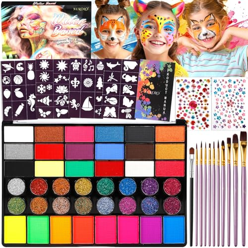 Vautvis Pintura Cara Niños, 42 Colores Pintacaras Infantil con 11 Pinceles, 40 Plantillas, 2 Pegatinas De Diamantes, Pinturas Cara para Niños Hipoalergenica, Maquillaje Carnaval Halloween