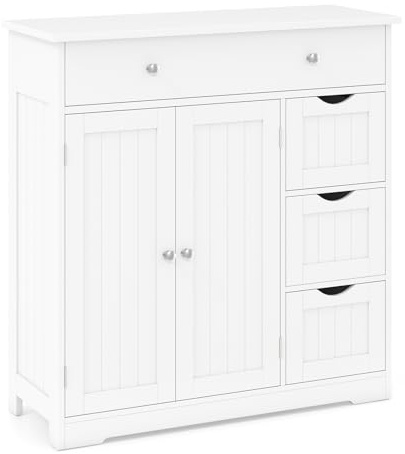 COSTWAY Bathroom Floor Cabinet, Freestanding Storage Cupboard with 4 Drawers, 2 Doors & Adjustable Shelf, Wooden Bathroom Storage Unit Side Cabinet for Living Room Kitchen Hallway, 80x30x82cm (White)