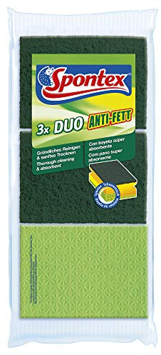Spontex Lot de 4 x 3 éponges Anti-Graisse Duo avec 1 côté pour récurer et 1 côté Sec