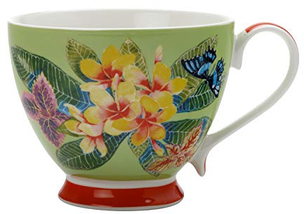 Maxwell & Williams Exotica - Tazza da tè in porcellana, con stampa verde Frangipani, in confezione regalo, colore: Verde/Rosso, Porcellana, Frangipani Verde, 400 ml