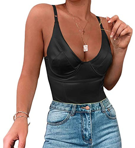 Velius Women's Sexy Deep V Neck Shiny Thong Bodysuit Tank Tops with Underwire(Black, Large)