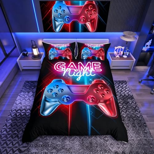 Set med sängkläder och linne med gamer-tryck, flerfärgad gamepad, påslakan, TV-spel, kontroll, bäddset för barn, pojkar, 2 delar, för enkelsäng