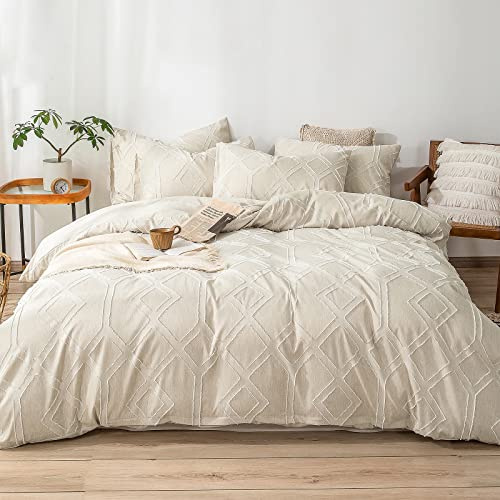 Jemiipee Funda Nordica Jacquard Cama 180 Bordado Shabby Chic, Juego de Fundas Bohemio Color Sólido 100% Microfibra Suave para Edredon 230x260 cm y 2 x Fundas de Almohada de 51x92 cm, Crudo
