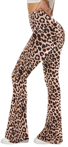 Sundwudu Schwarze Yogahose für Damen – weiche, hohe Taille, Bootcut-Leggings, hohe und Lange Bootleg-Hose für Damen, Leopardenmuster (3), X-Groß