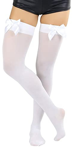 Wlertcop Thigh High & Knee High Socks - White Opaque Satin Bow Knee Tights for Women