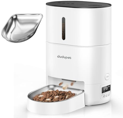DUDUPET Distributore Automatico Cibo Gatti- Dispenser Cibo Gatti 4L con Funzione Timer e Registrazione Vocale di 10 Secondi e con una Ciotola in Acciaio Inossidabile, 6 Pasti al Giorno