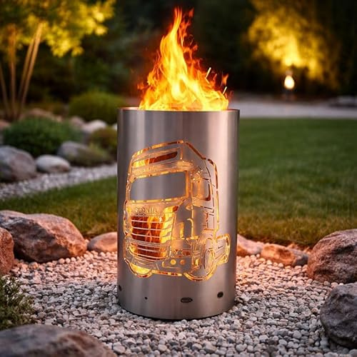 TiKo-Design Feuertonne Scania Truck Motiv – Feuerkorb aus Stahl mit LKW-Design – Handgefertigte Garten- und Outdoor-Deko – Laser-Cut Feuerstelle für Trucker & Transport-Fans